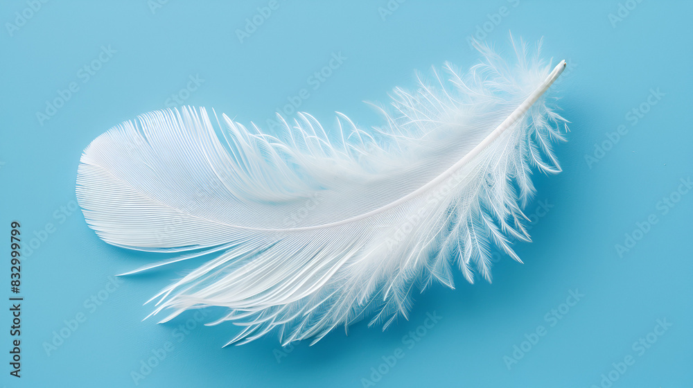 Obraz premium Close-up white feather on blue background, generative AI