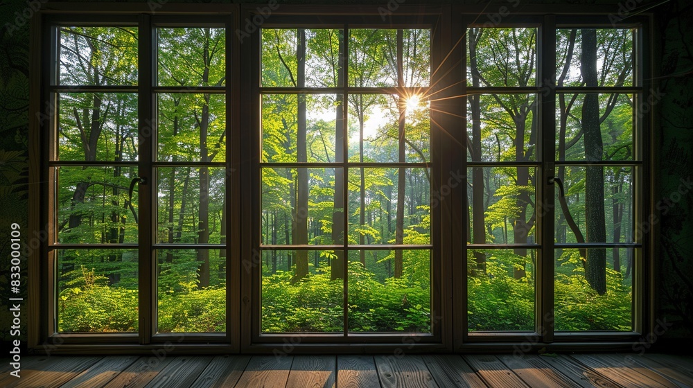 Window offers an amazing view of the forest with serene beauty beyond. Serene, calm aesthetic atmosphere. Generative AI Window offers an amazing view of the forest with serene beauty beyond. Serene, calm aesthetic atmosphere. Generative AI