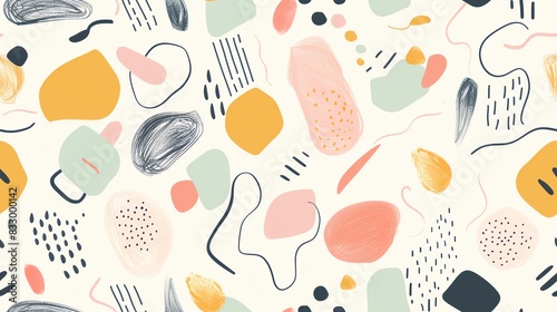 Soft pastel-colored seamless pattern with hand-drawn leaves, small flowers, and squirrels, showcasing a harmonious and whimsical design