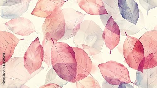 Soft pastel-colored seamless pattern with hand-drawn leaves, small flowers, and squirrels, showcasing a harmonious and whimsical design