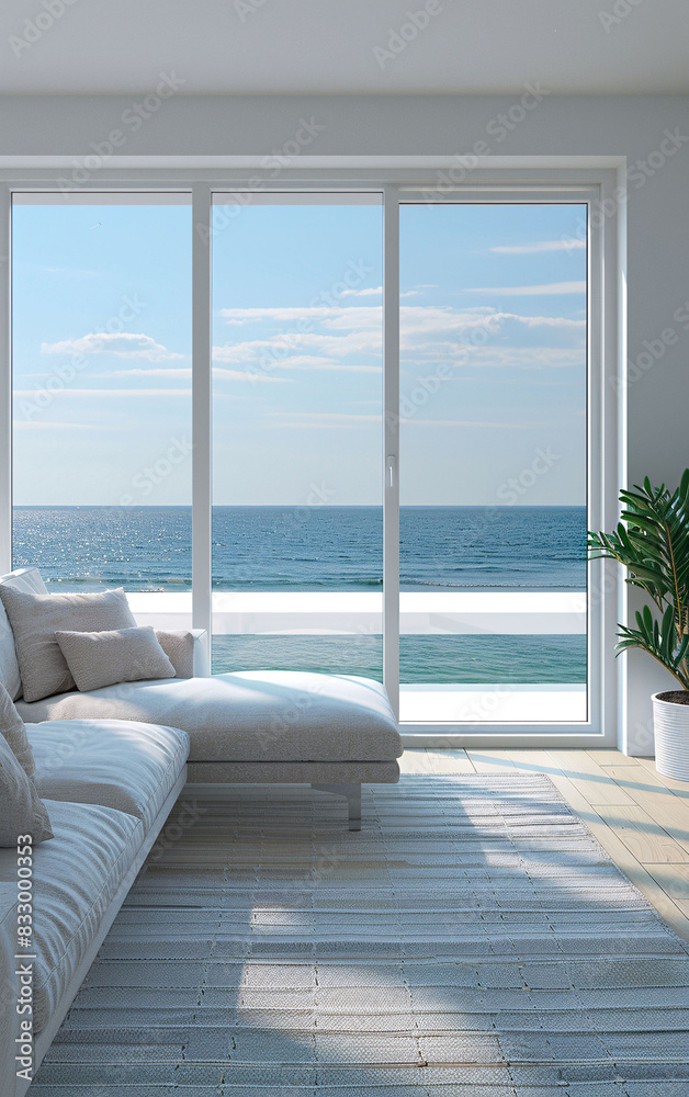 Fototapeta premium white cozy couch in living room with big window with blue sky and ocean view at background