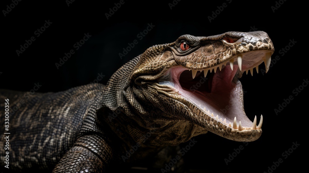 Fototapeta premium Detailed illustration of a magnificent Komodo dragon with intricate scales and a forked tongue against a clean background.