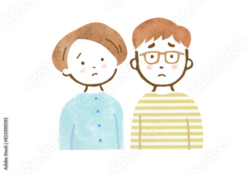 困った表情の男女カップルの上半身手描きイラスト