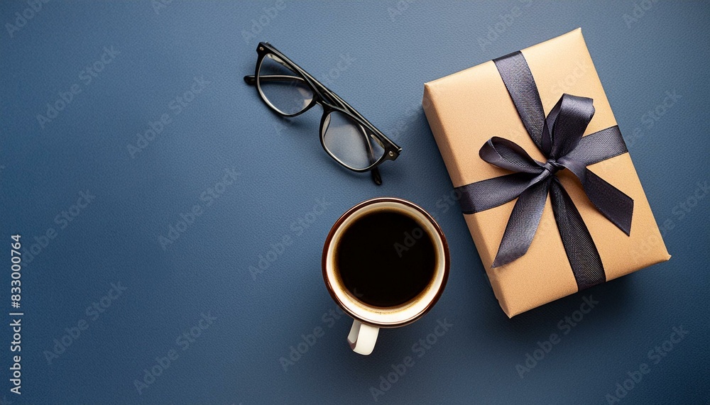 Happy Fathers Day vertical banner template. Flat lay vintage gift box, coffee cup, glasses