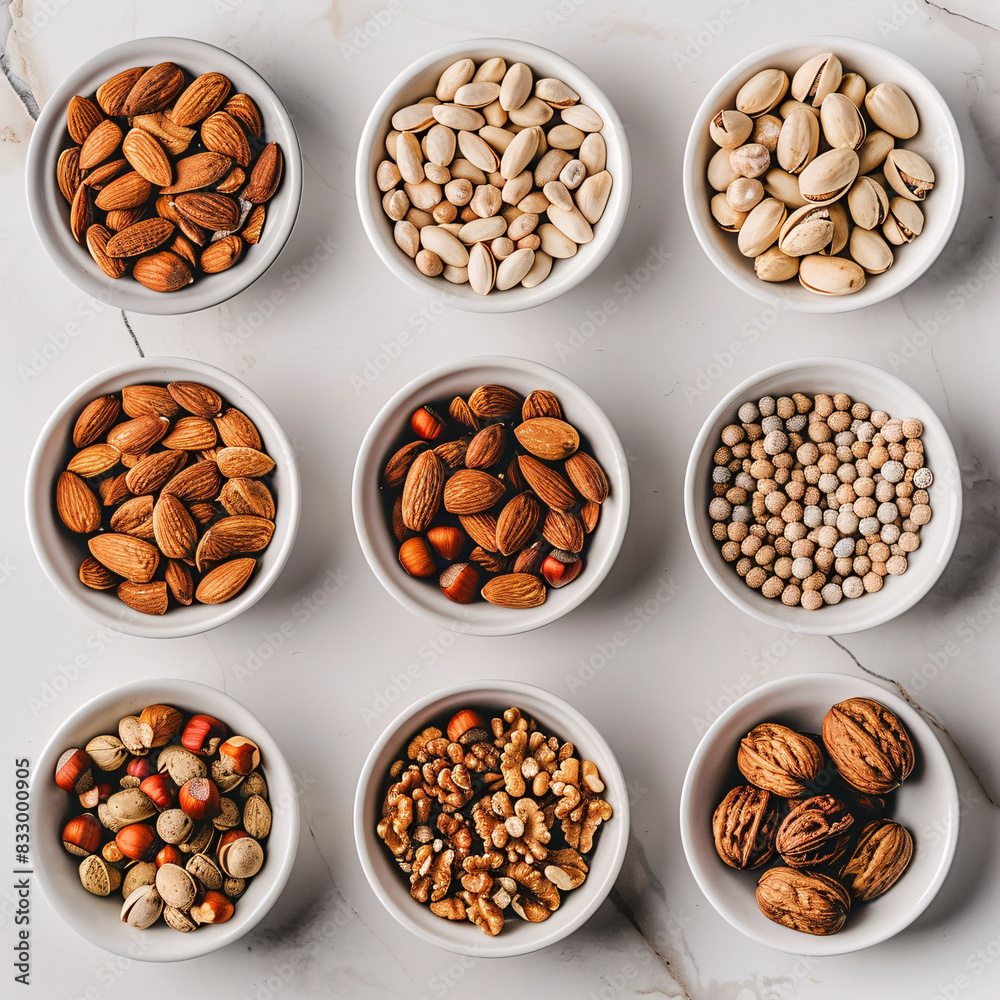flat lay various nuts in white bowls flat lay various nuts in white bowls