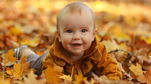 A happy baby smiling in the autumn leaves  enjoying the fall weather. Perfect for family and seasonal content.