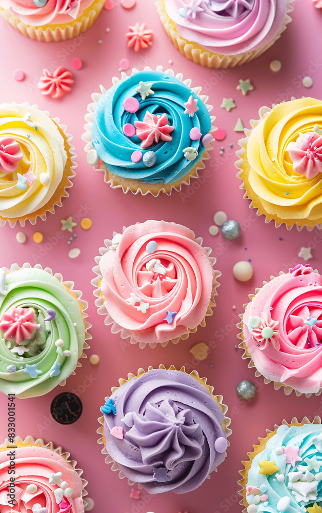 top view shot of various fancy cupcakes birthday party top view shot of various fancy cupcakes birthday party