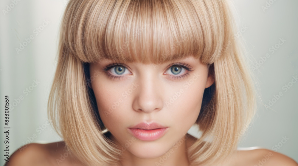 Straightforward headshot of a female model with blond hair and looking directly at the viewer. Straightforward headshot of a female model with blond hair and looking directly at the viewer.
