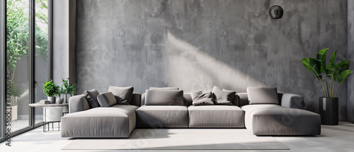 Modern Contemporary Gray Living Room Large Sofa Bed with Concrete Loft Wall Interior Design photo