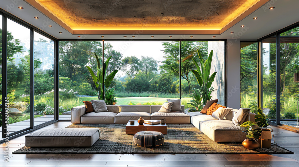 Fototapeta premium Natural purple shade living room of a house resort by golf grassland
