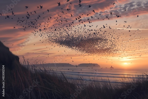 A murmuration of starlings creating shapes in the dusky sky. photo