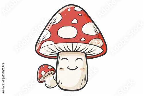 Cartoon cute doodles of a red and white polka-dotted mushroom with a smiling face, Generative AI photo