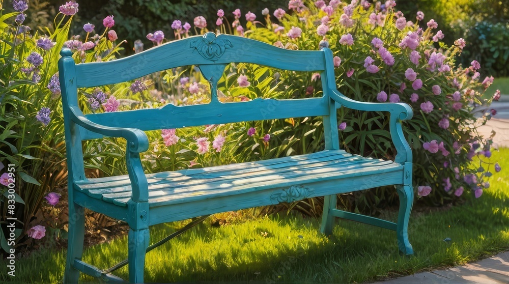 Blue Bench in a Garden of Pink Flowers Blue Bench in a Garden of Pink Flowers
