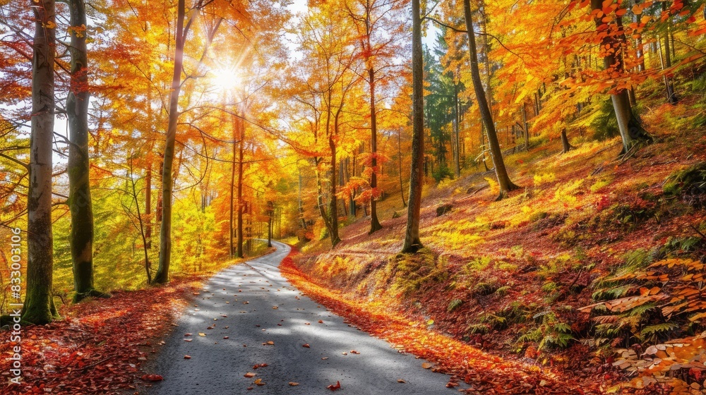 Autumn scene German forest road with asphalt mountain road amidst vibrant autumn foliage in Bavaria