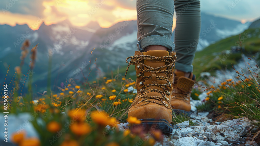 Hiker walking to mountains Hiker walking to mountains