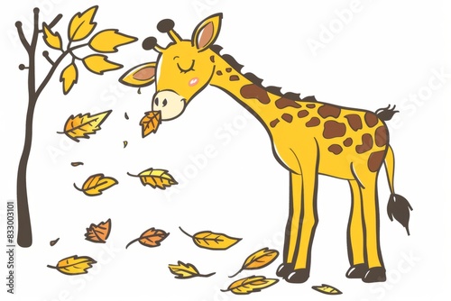 Cartoon cute doodles of a yellow and brown giraffe reaching for leaves  Generative AI