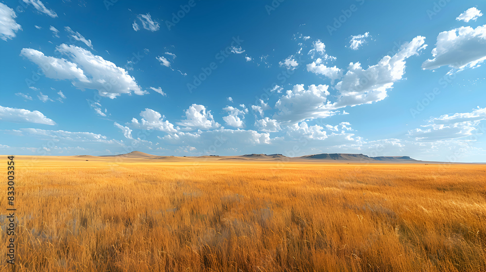 A vast nature steppe with rolling hills covered in golden grasses, the sky clear and blue above
