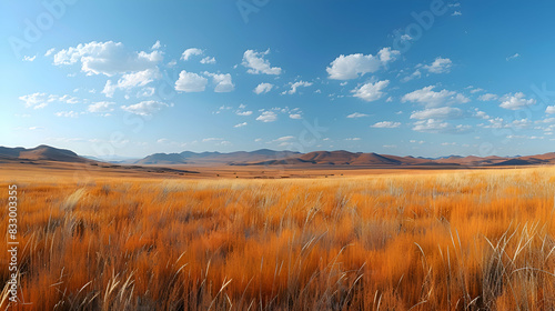 A vast nature steppe with rolling hills covered in golden grasses  the sky clear and blue above