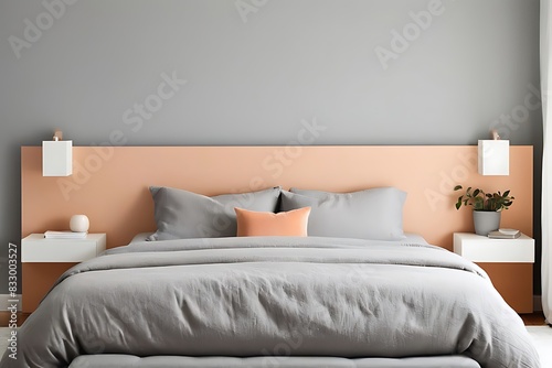  Bedroom in delicate peach fuzz color panton furniture and accent wall. Modern luxury room interior home or hotel design. Empty warm apricot paint background for art.3d render 