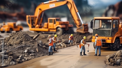 Road construction workers teamwork, tarmac laying works at a road construction site, hot asphalt gravel leveled by workers, and road surface repair