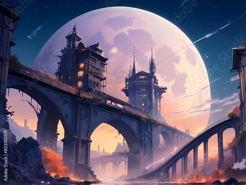 ゲーム背景　城と町の融合したファンタジー都市古代文明神殿跡の満月の夜