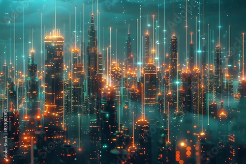 A network depicted as a bustling cityscape built from glowing data packets © crescent