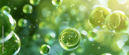 3d render of green micro sunk in light, background with blurred, macro shot of cells and spheres, concept for medical or scientific themes photo