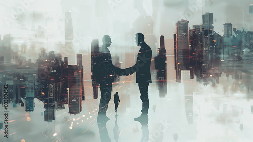 A couple is shaking hands in a cityscape. The image is a reflection of the couple and the city, with the cityscape appearing to be a mirror of the couple. Scene is one of connection and unity photo