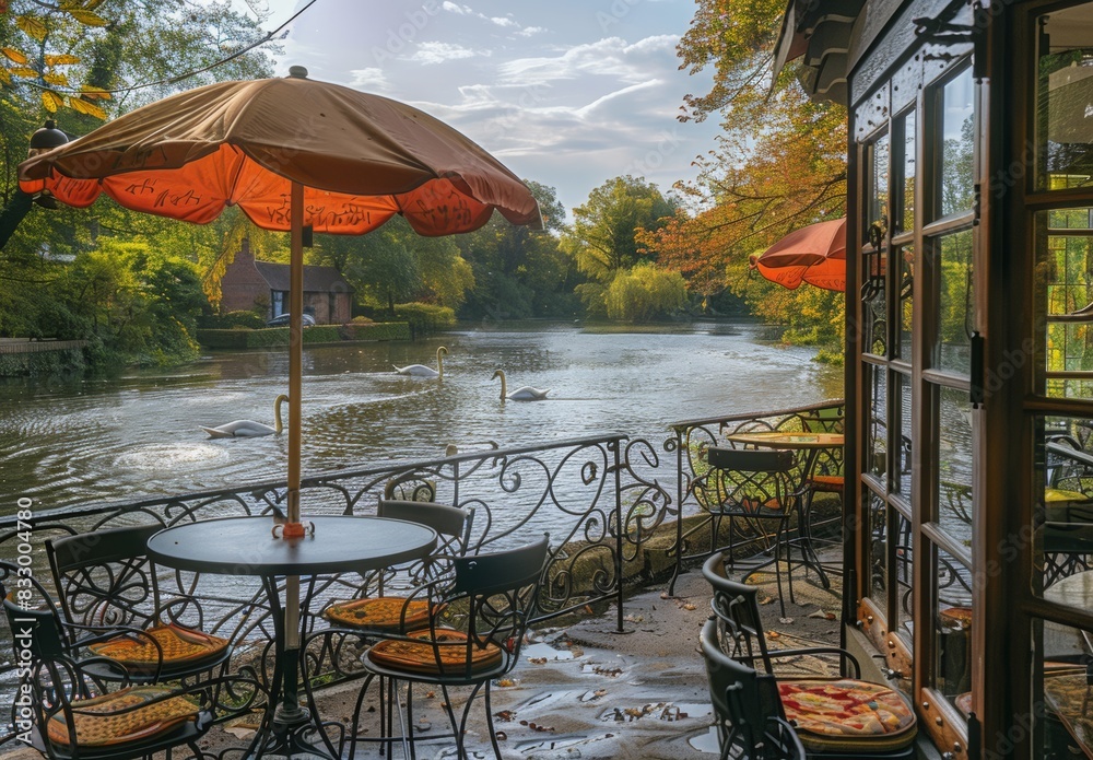 Obraz premium A charming riverside café with wrought-iron furniture, colorful parasols, and a view of a gently flowing river with swans gliding by. The peaceful setting invites relaxation.