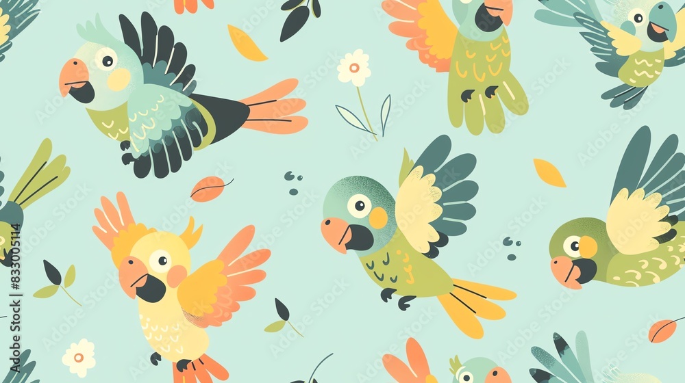 Pastel-colored seamless pattern with cute hand-drawn comic pigeon characters, flying and perched on branches, showcasing a fun and lighthearted style Pastel-colored seamless pattern with cute hand-drawn comic pigeon characters, flying and perched on branches, showcasing a fun and lighthearted style