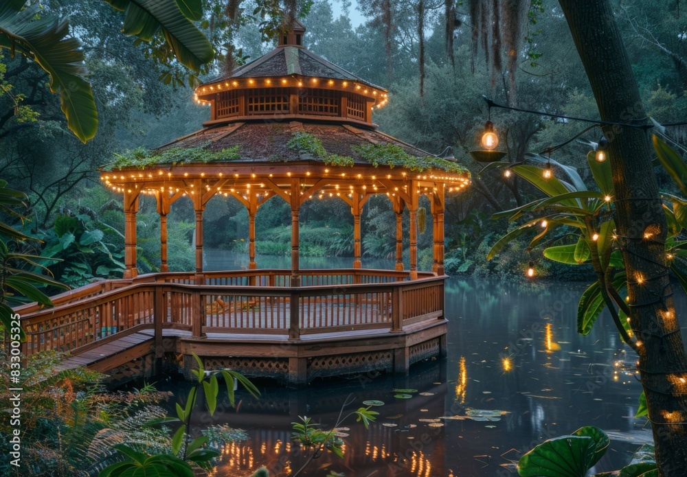 A serene lakeside gazebo surrounded by lush greenery, with fairy lights draped around its frame and a reflection of the full moon shimmering on the water, offering a tranquil and magical setting.