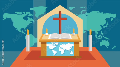 The map is laid out on the altar a focal point for the congregation as they engage in contemplative prayer for the success of their missions.. Vector illustration