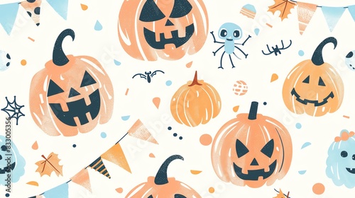 Soft pastel-colored seamless pattern with hand-drawn leaves, small flowers, and squirrels, showcasing a harmonious and whimsical design