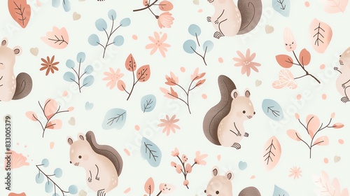 Soft pastel-colored seamless pattern with hand-drawn leaves, small flowers, and squirrels, showcasing a harmonious and whimsical design