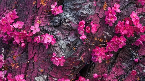 Close up of vibrant pink flowers blooming on a Judas tree scientifically known as Cercis siliquastrum The rich pink blossoms emerge on mature growth such as the trunk during the spring seas photo