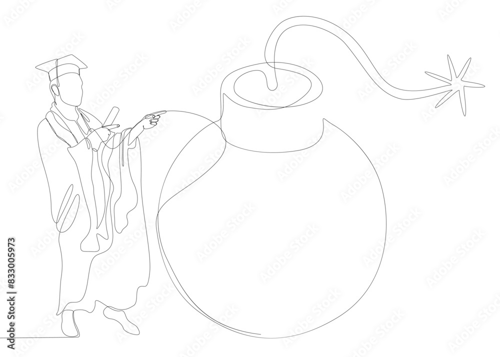 One continuous line of Graduati man and bomb. Thin Line Illustration vector concept. Contour Drawing Creative ideas.
