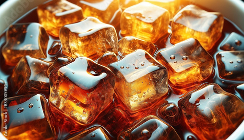 A close-up view of ice cubes submerged in a golden-brown liquid - Generative AI