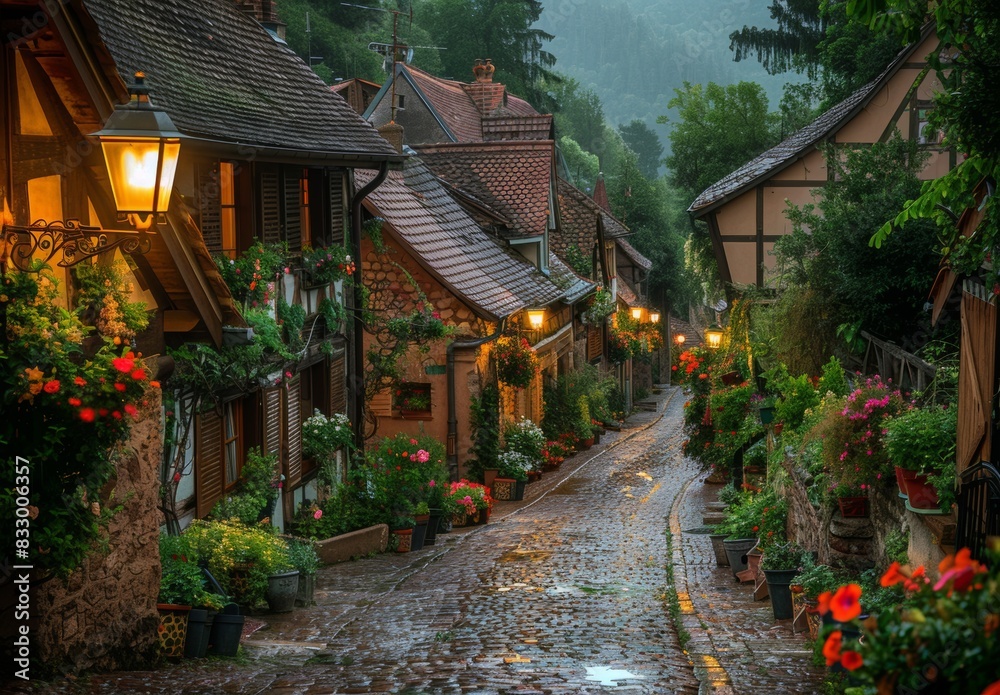 A quaint cobblestone street in a historic European village, illuminated by warm, glowing street lamps and lined with flower boxes overflowing with vibrant blooms. A quaint cobblestone street in a historic European village, illuminated by warm, glowing street lamps and lined with flower boxes overflowing with vibrant blooms.