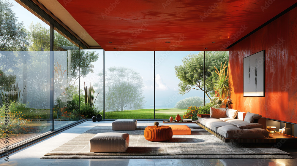 Fototapeta premium Natural red shade living room of a house resort by golf grassland