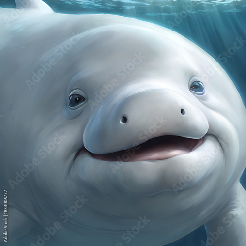 Closeup of happy beluga whale marine mammal with smiling face