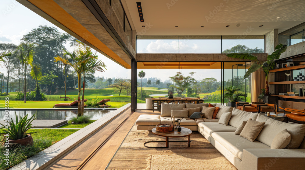 Natural yellow shade living room of a house resort by golf grassland Natural yellow shade living room of a house resort by golf grassland