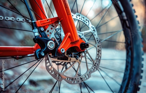 Closeup of the front wheel and caliper of a mountain bike with disc brakes