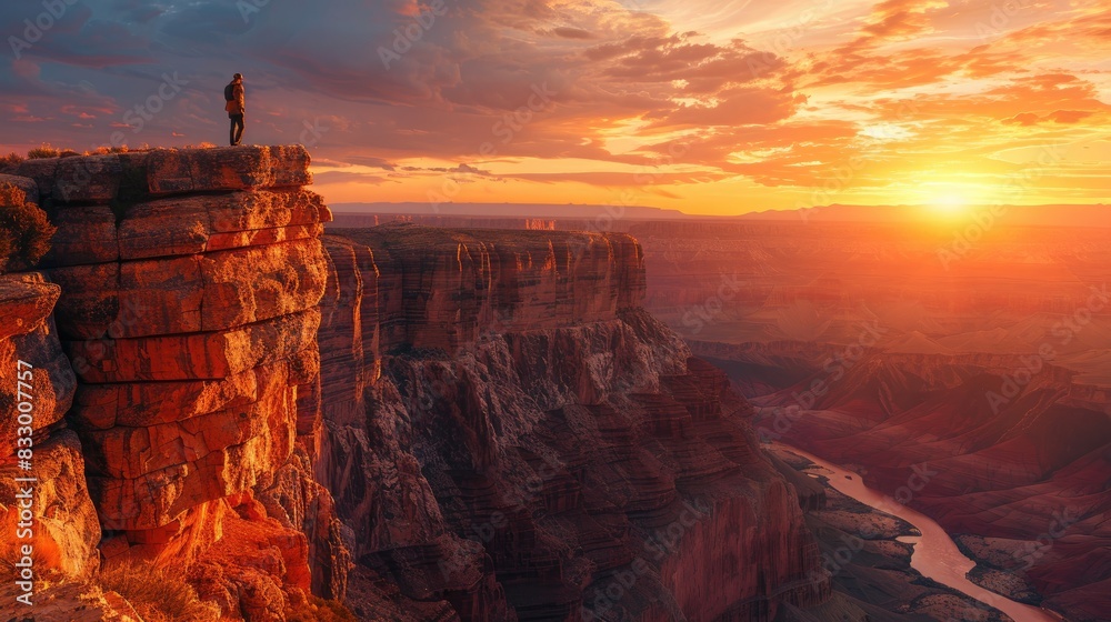 Naklejka premium A lone hiker stands on a cliff edge, overlooking a majestic canyon at sunset. The sky is painted in vibrant colors.