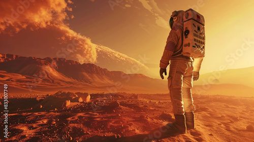astronaut standing alone on planet mars watching mountain sunset background