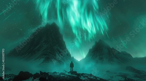 A solitary figure stands beneath the vibrant  green Northern Lights over a misty  mountainous landscape in this stunning night display.