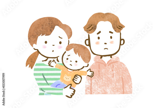 男の子を抱っこした母親と父親の困った表情の3人家族の上半身手描きイラスト