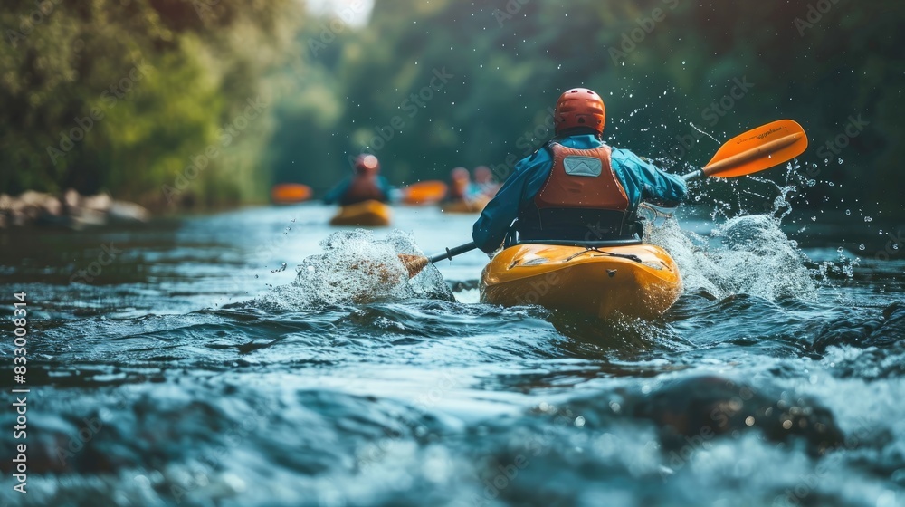 Fototapeta premium Adventure seekers kayaking downstream on a river surrounded by lush greenery, experiencing the thrill and excitement of nature's waterways.