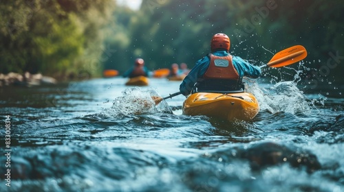 Adventure seekers kayaking downstream on a river surrounded by lush greenery, experiencing the thrill and excitement of nature's waterways. © Nuth