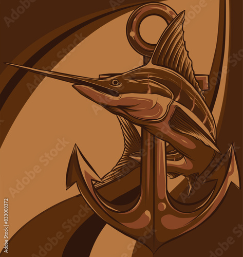 vector illustration of Marlin fish with anchor on white background