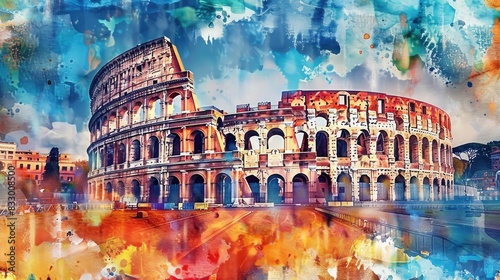 Colosseum in Rome Italy, watercolor style, Generative Ai technology photo